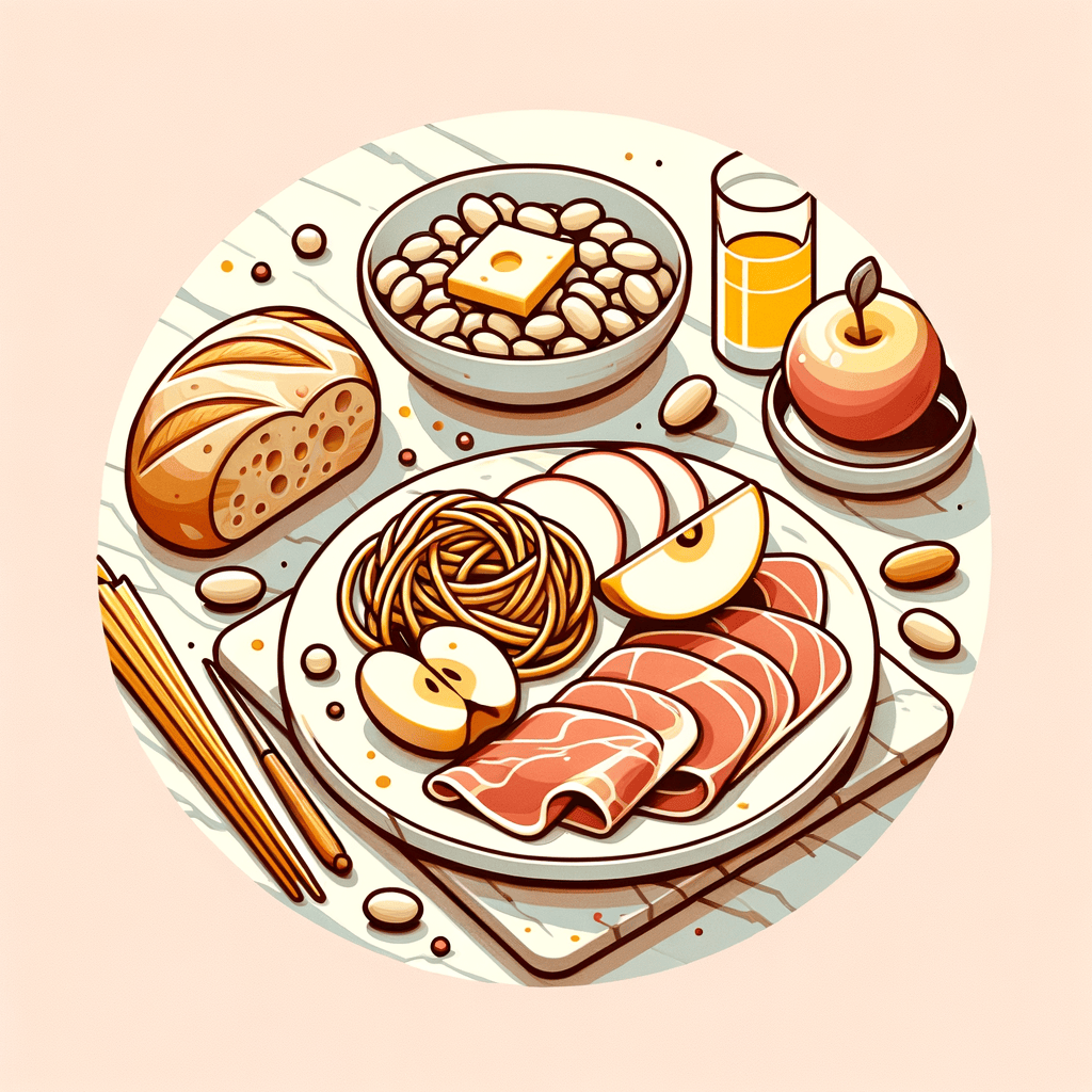 On a marble table, a white oval plate with thin slices of prosciutto and cheese alongside apple wedges, a small round dish of white beans in olive oil, a slice of crusty bread, and a separate bowl of spaghetti coated in grated cheese with a lemon half.