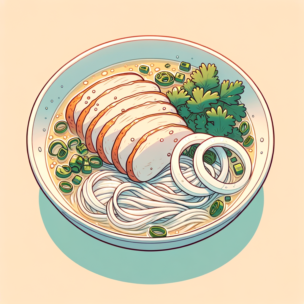A white bowl of clear broth over a bed of translucent rice noodles, garnished with slices of cooked chicken, thin white onion rings, chopped scallions, and fresh cilantro.