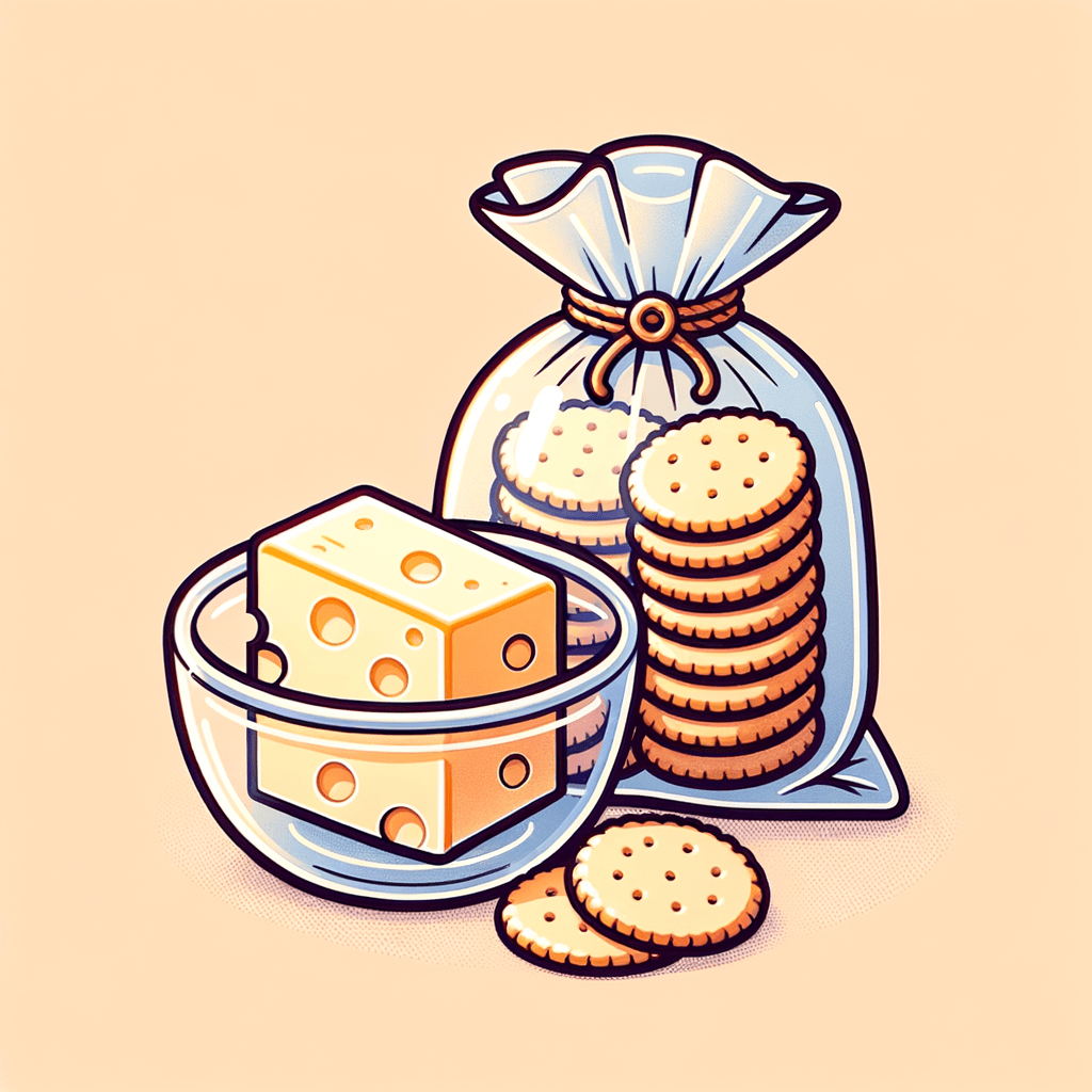 A small bowl of thinly sliced cheese next to a stack of round crackers in a clear plastic bag.