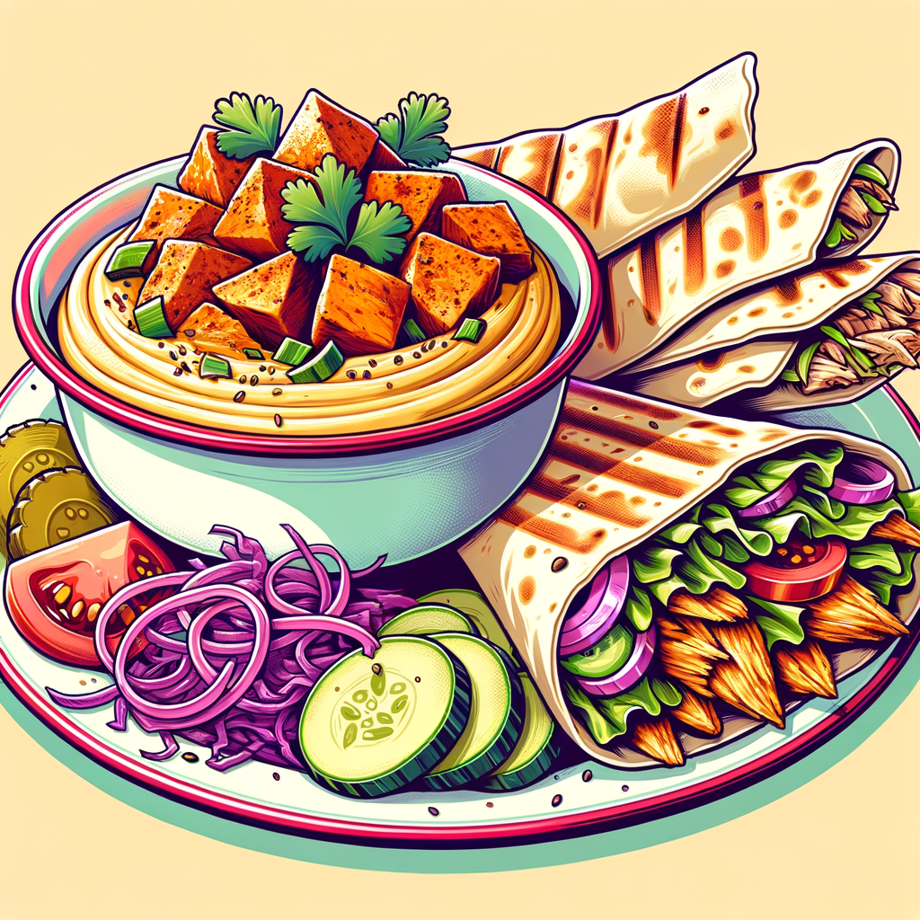 A white enamel bowl with a red rim containing chopped spiced chicken shawarma atop a smooth layer of hummus, garnished with bright green cilantro leaves, sliced pickles, shredded purple cabbage, and sprinkled sesame seeds, served alongside grilled flatbread triangles. Next to it on a matching white plate with a red rim, two golden ciabatta baguette halves filled with yellow folded egg omelet, crisp lettuce, and thin tomato slices.