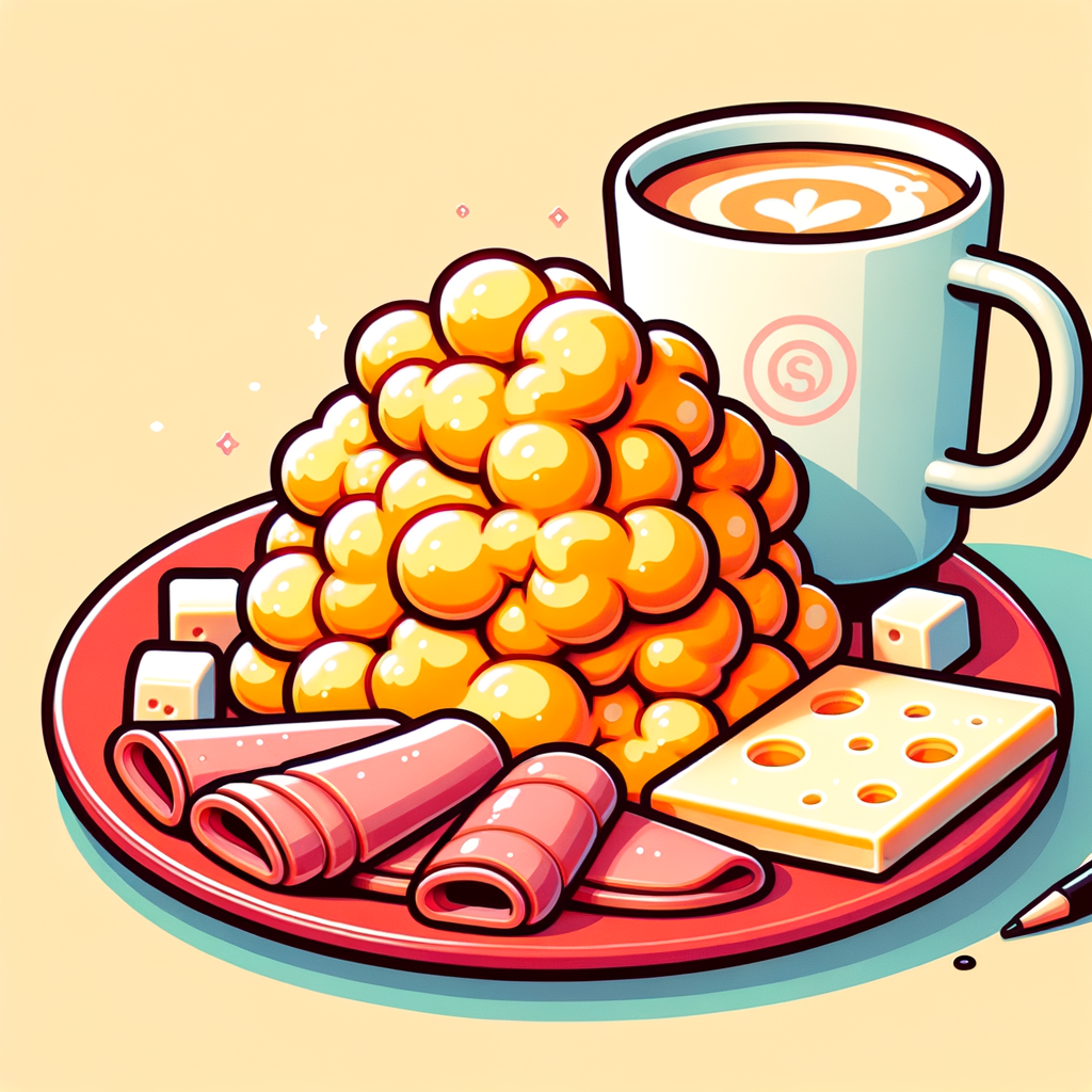 Golden-yellow scrambled egg curds studded with small pink ham pieces and white melted cheese piled on a bright red ceramic plate next to a white coffee cup with a subtle logo.