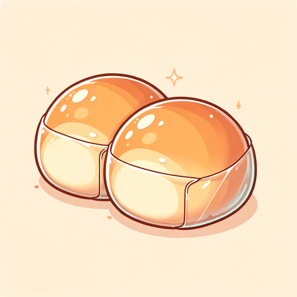 Two round, soft, golden-brown dinner rolls partially wrapped in clear plastic, side by side on a neutral surface.