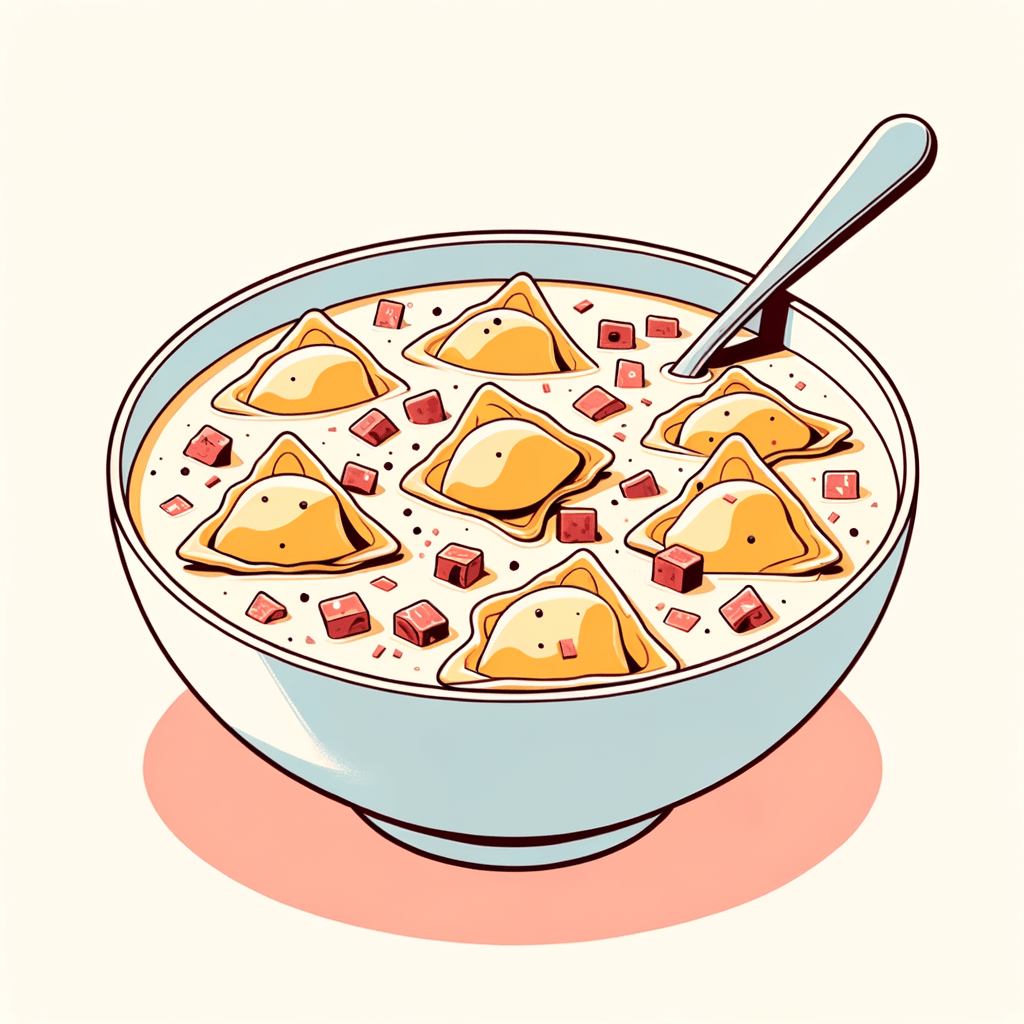 A white bowl filled with triangular ravioli pieces in a creamy sauce, scattered with diced cured meat bits and a spoon tucked into the side.