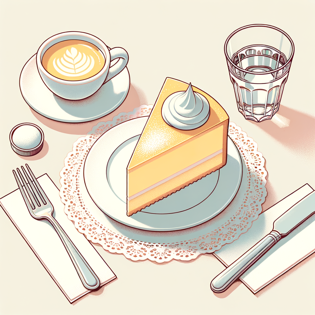 A slice of pale yellow custard-like cake dusted lightly with powdered sugar, placed on a white plate with an intricate paper doily beneath, accompanied by a small white cup of espresso topped with creamy foam and a tall clear glass of water, all arranged on a marble tabletop.