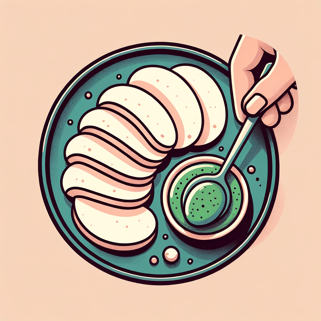 Several slices of white poached chicken breast arranged on a small dark-hued plate, with a spoonful of vibrant green pesto resting beside the meat.