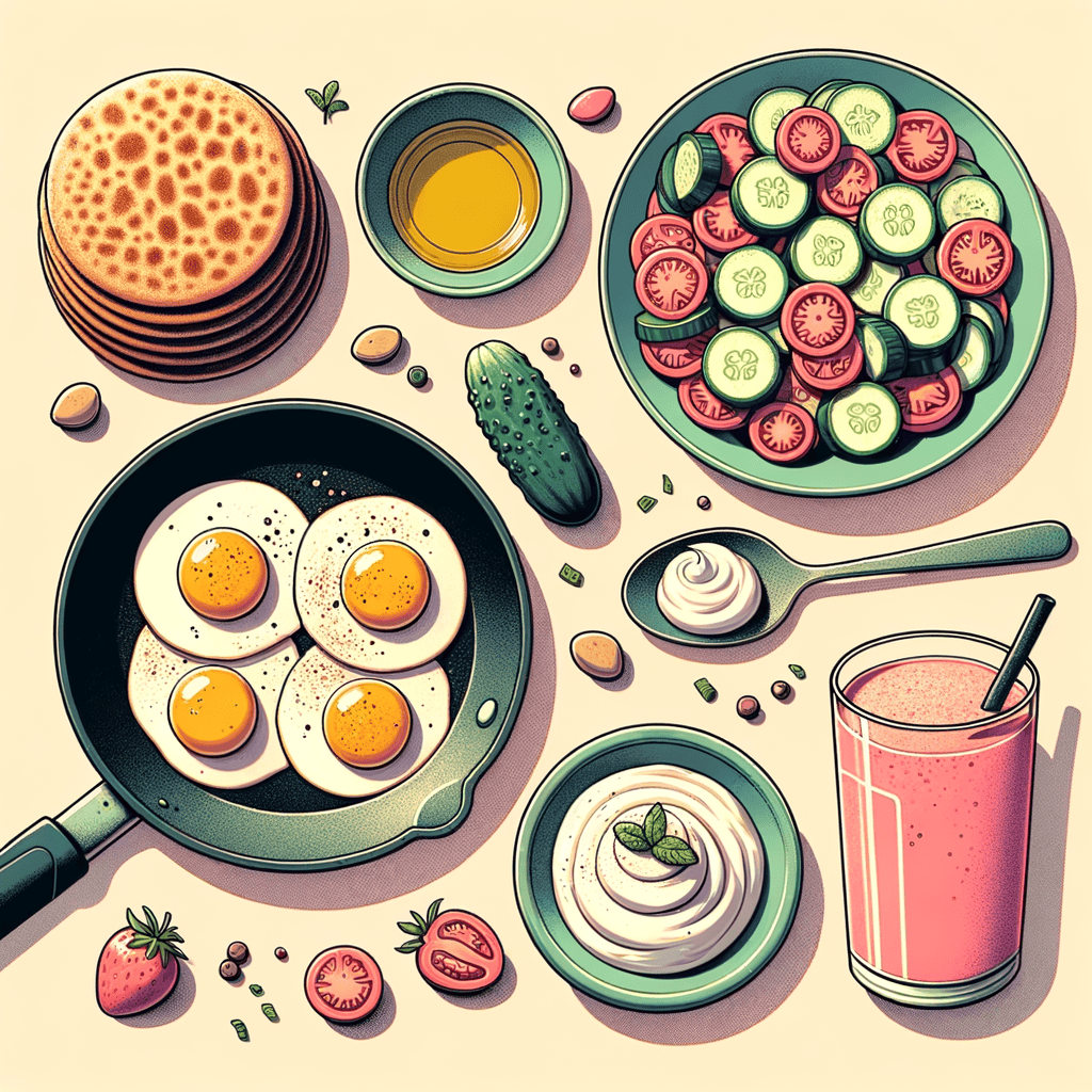 A black skillet holding three sunny-side-up eggs sprinkled with cracked pepper and a drizzle of olive oil, paired with a bowl of cucumber and tomato salad, several whole wheat pita rounds fanned out on the side, a small jar of creamy labneh topped with olive oil, and a light pink strawberry smoothie in a clear glass.