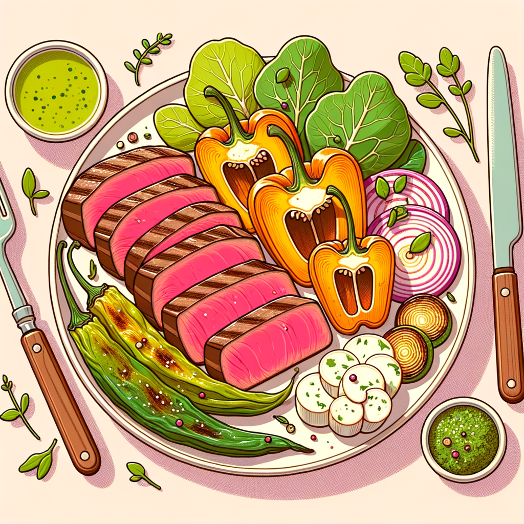 A plate featuring fanned slices of pink-centered steak alongside vibrant roasted pumpkin wedges, charred shishito peppers, pieces of roasted onion, and a side of leafy herbed salad, accompanied by a small dish of green herb sauce and a spoonful of white herbed cheese.