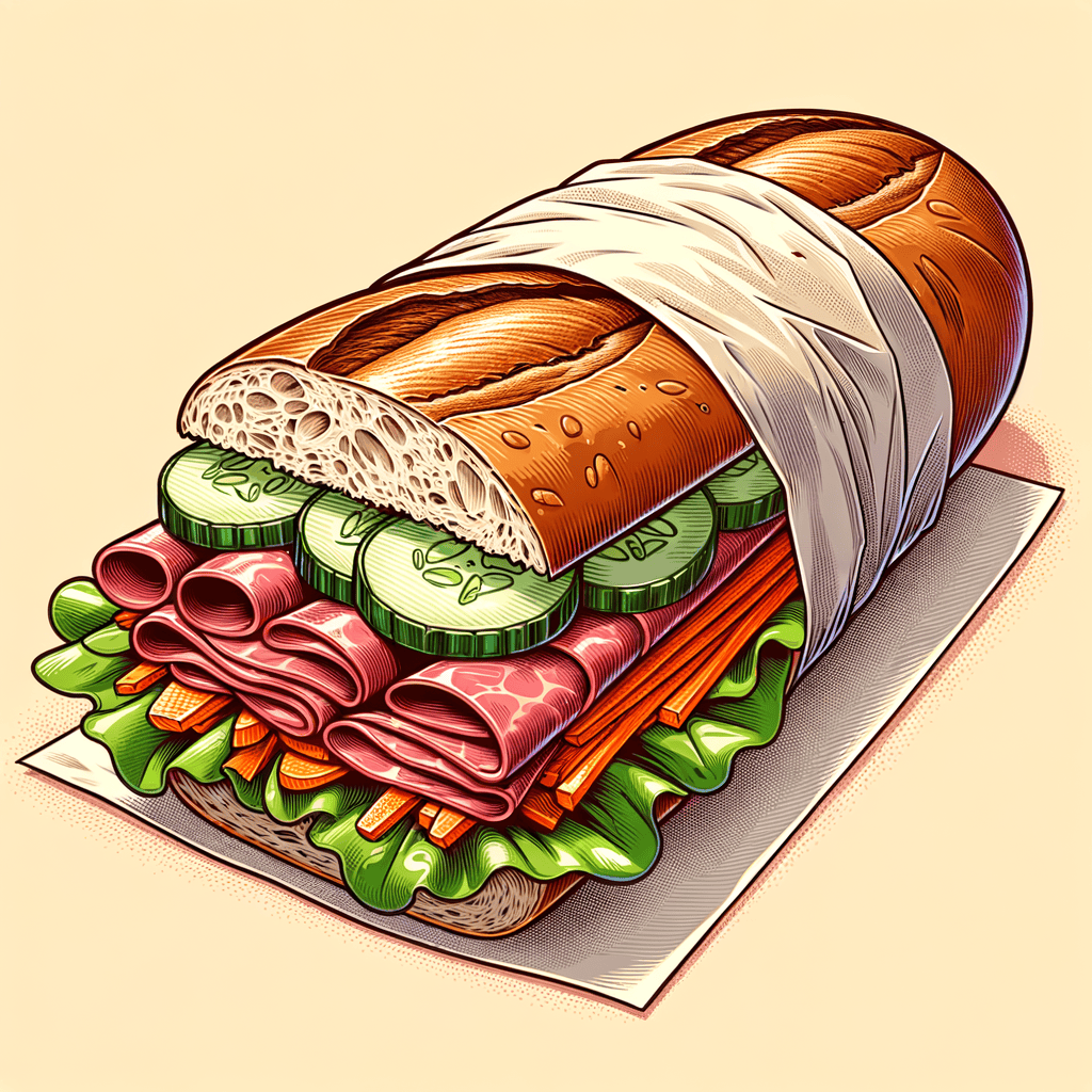 A half baguette sandwich wrapped in parchment paper, stuffed with layers of thinly sliced cured meats, shredded carrots, cucumber slices, and green lettuce.
