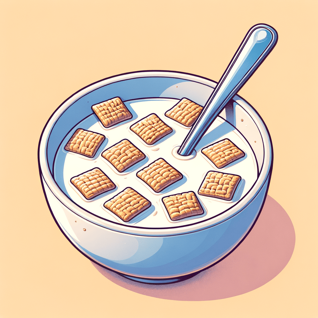 A white bowl containing partially submerged square wheat cereal pieces in white milk, with a silver spoon resting inside.