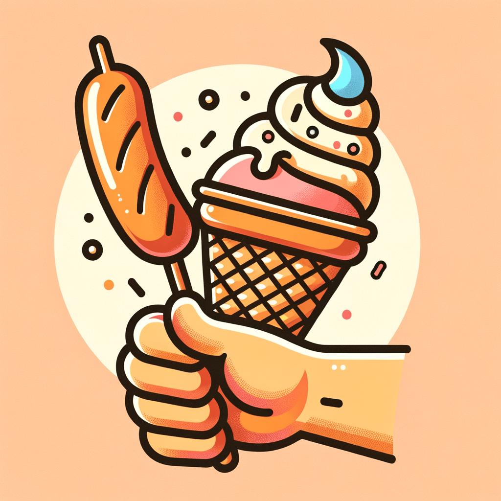 A wooden skewer holding a shiny grilled sausage, next to a flaky spiral pastry cup filled with a scoop of vanilla ice cream topped with colorful sprinkles.
