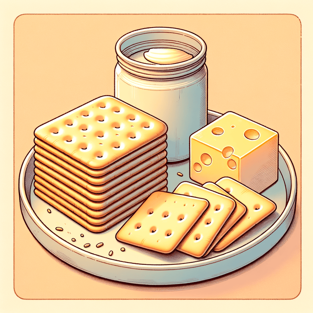A ceramic plate with four square saltine crackers arranged next to a small pile of thin, rectangular pale-yellow cheese slices.