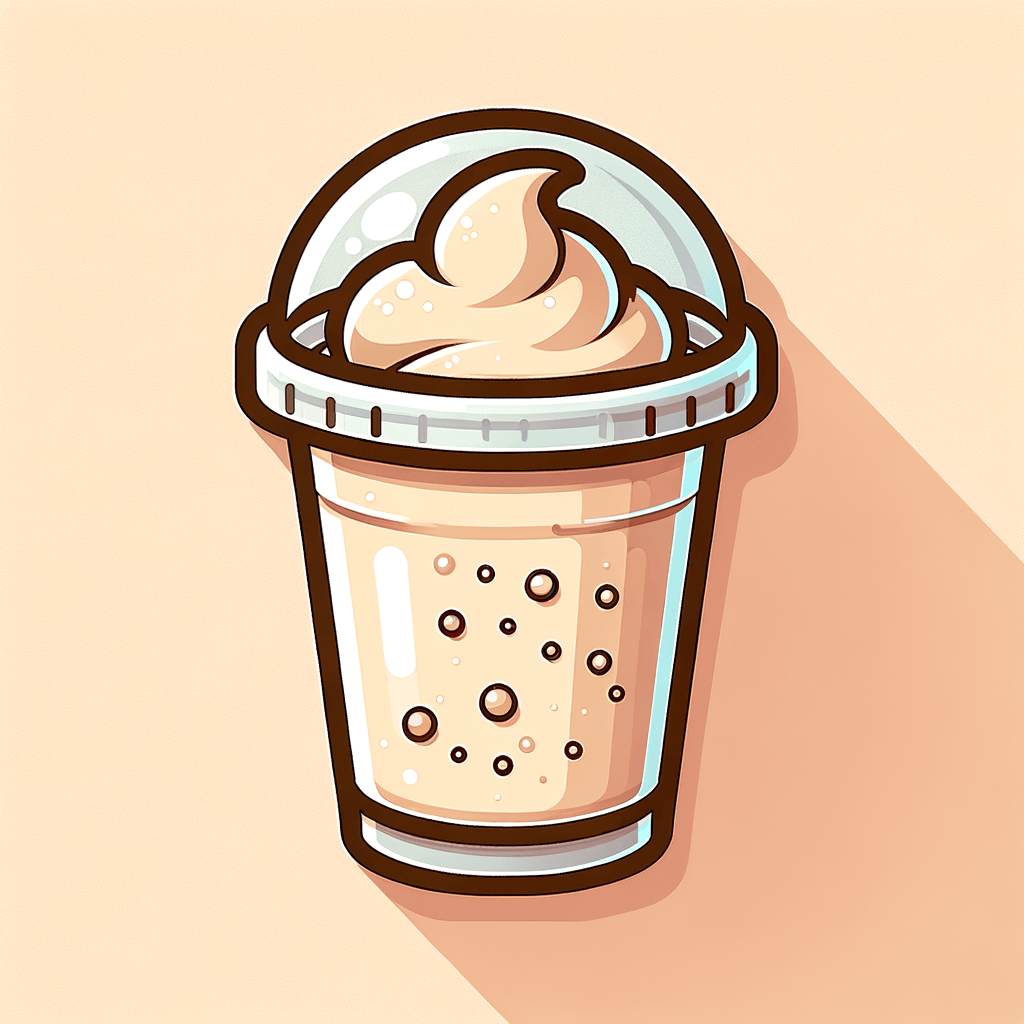 A clear plastic cup filled with a frothy beige smoothie, showing tiny bubbles on the surface.