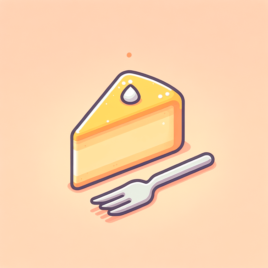 A single triangular slice of yellow sponge cake with a glossy topping and a light dusting of powdered sugar, accompanied by a small fork resting beside it.