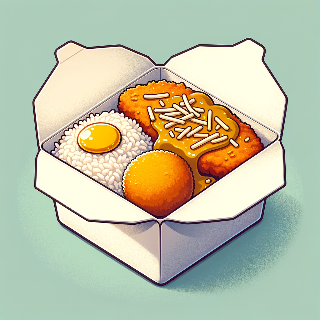 A white takeout container holding steamed white rice topped by a golden-brown breaded chicken cutlet generously sprinkled with yellow and white shredded cheese, beside a thick brown curry sauce with visible carrot pieces, and a round golden-fried croquette on the rice.