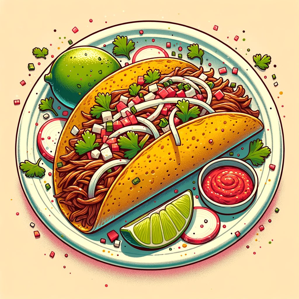 A white disposable plate holding one corn tortilla taco filled with shredded beef, sprinkled with chopped cilantro and white onions, drizzled with red salsa, with lime wedge and thin radish slices on the side.