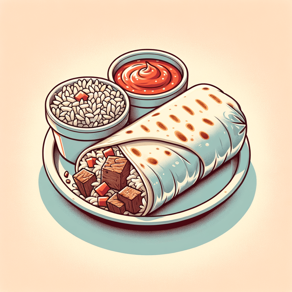 A half-unwrapped foil burrito showing a thick flour tortilla filled with seasoned grilled steak, white rice, refried beans, and diced tomato bits, next to a small cup of reddish salsa.
