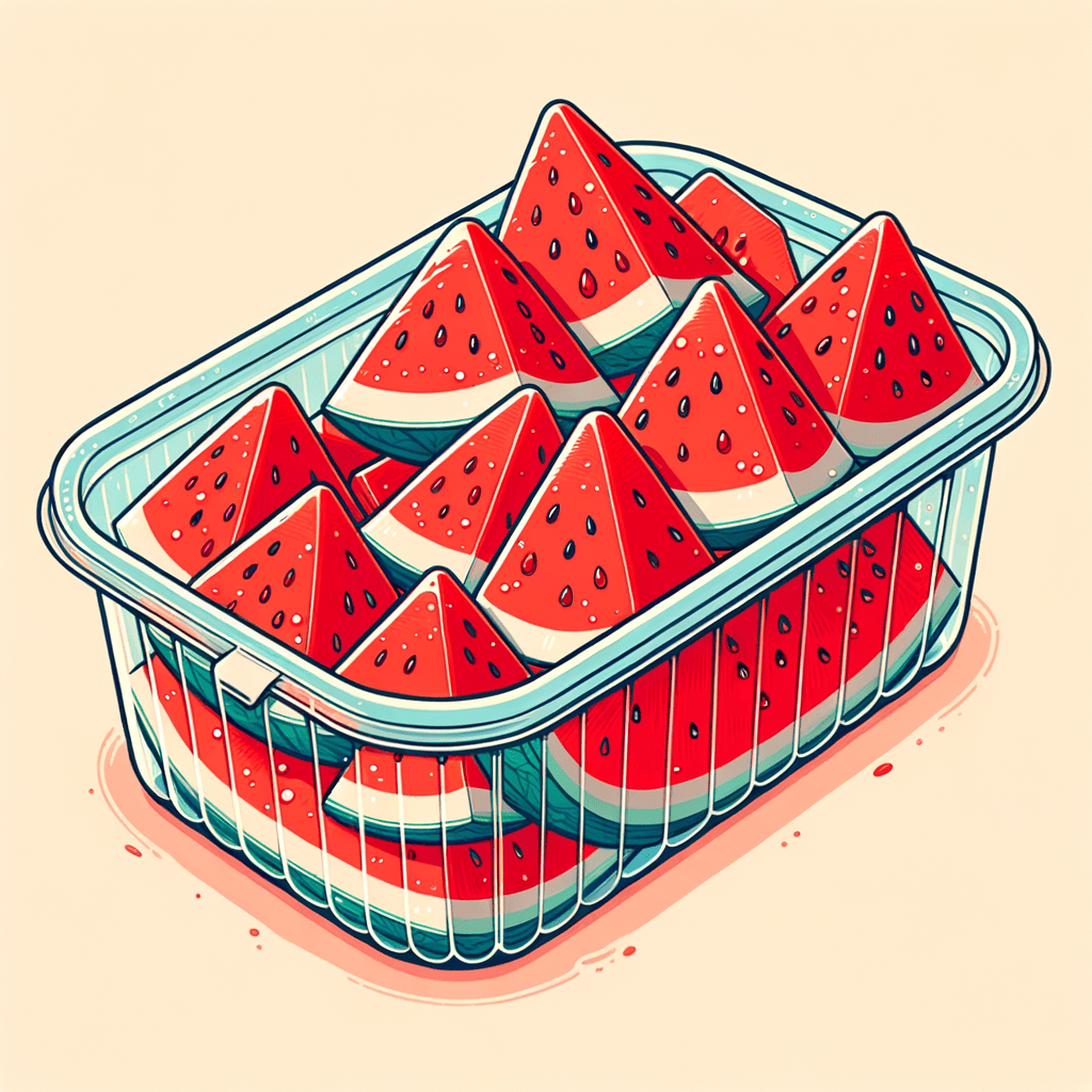 A clear plastic clamshell container filled with bright red, juicy watermelon chunks, neatly cut into uniform pieces, showing small beads of moisture on the surface.