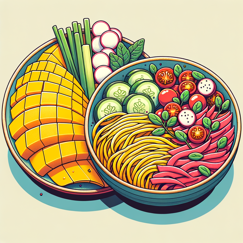 On one side, a round plate piled with thin yellow mango strips, watermelon radish fans, cucumber slices, cherry tomatoes and microgreens; next to it, a shallow bowl of flat rice noodles tossed in reddish sauce with sliced beef and green onions, no background.