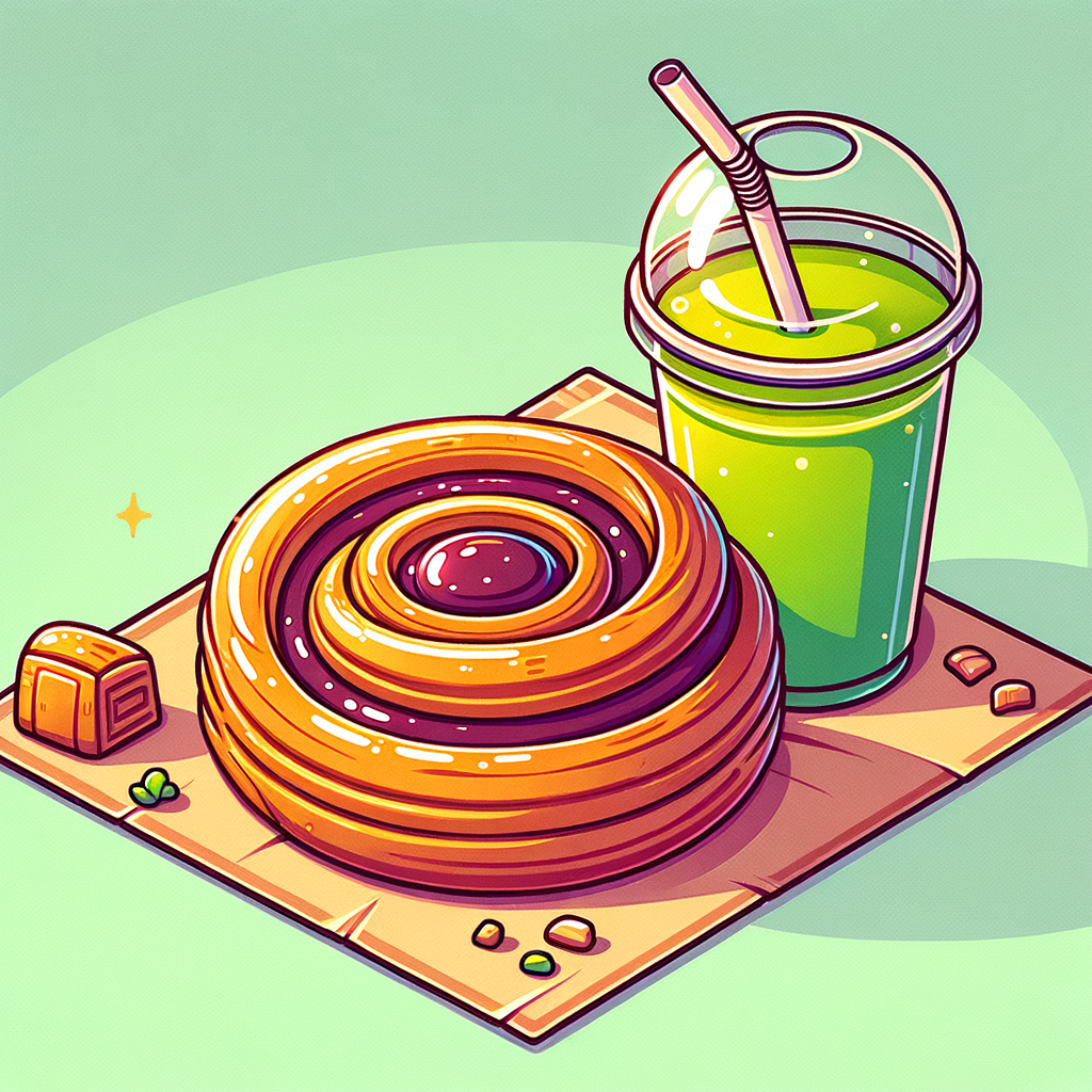 A golden-brown, spiral-shaped layered pastry with a glossy dark fruit jam in the center, set on brown parchment paper, next to a clear plastic cup filled with bright green juice and a straw through the lid.