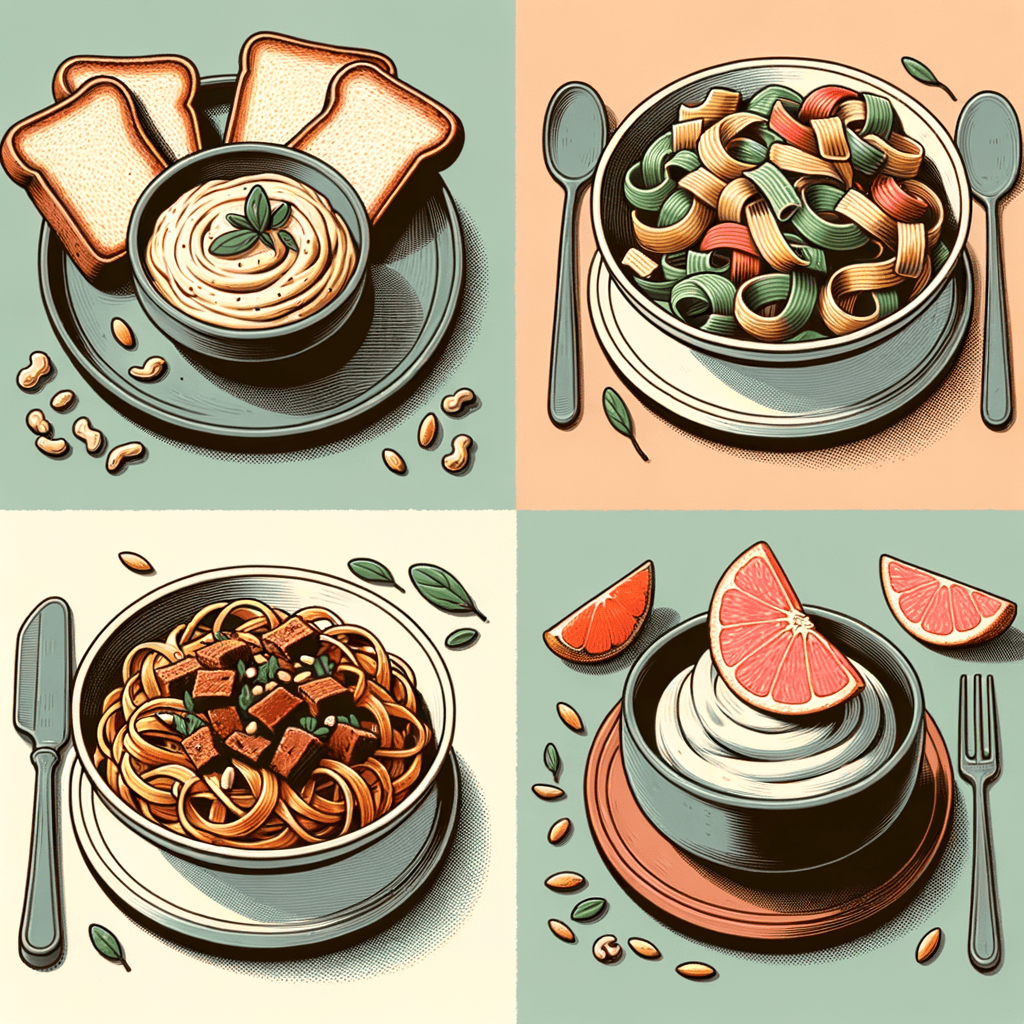A metal serving plate holding thick slices of toasted bread beside an earthenware bowl of creamy hummus crowned with tomato-based ragu and pine nuts; a white bowl piled with wide pasta ribbons smothered in dark beef ragù and grated cheese; another bowl of twisted trofie pasta coated in vibrant green pesto and sprinkled with pine nuts and cheese; and a small dark bowl of smooth yogurt topped with pink grapefruit segments and a drizzle of olive oil.