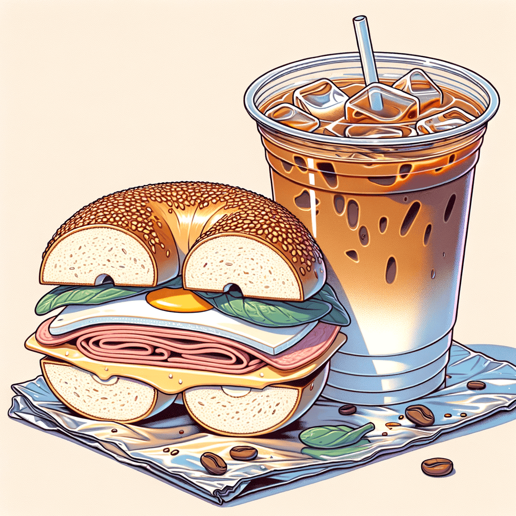 A sesame seed bagel sandwich cut in half on aluminum foil, layered with cream cheese, folded egg and pastrami, alongside a clear plastic cup of iced coffee showing milk and espresso layers.