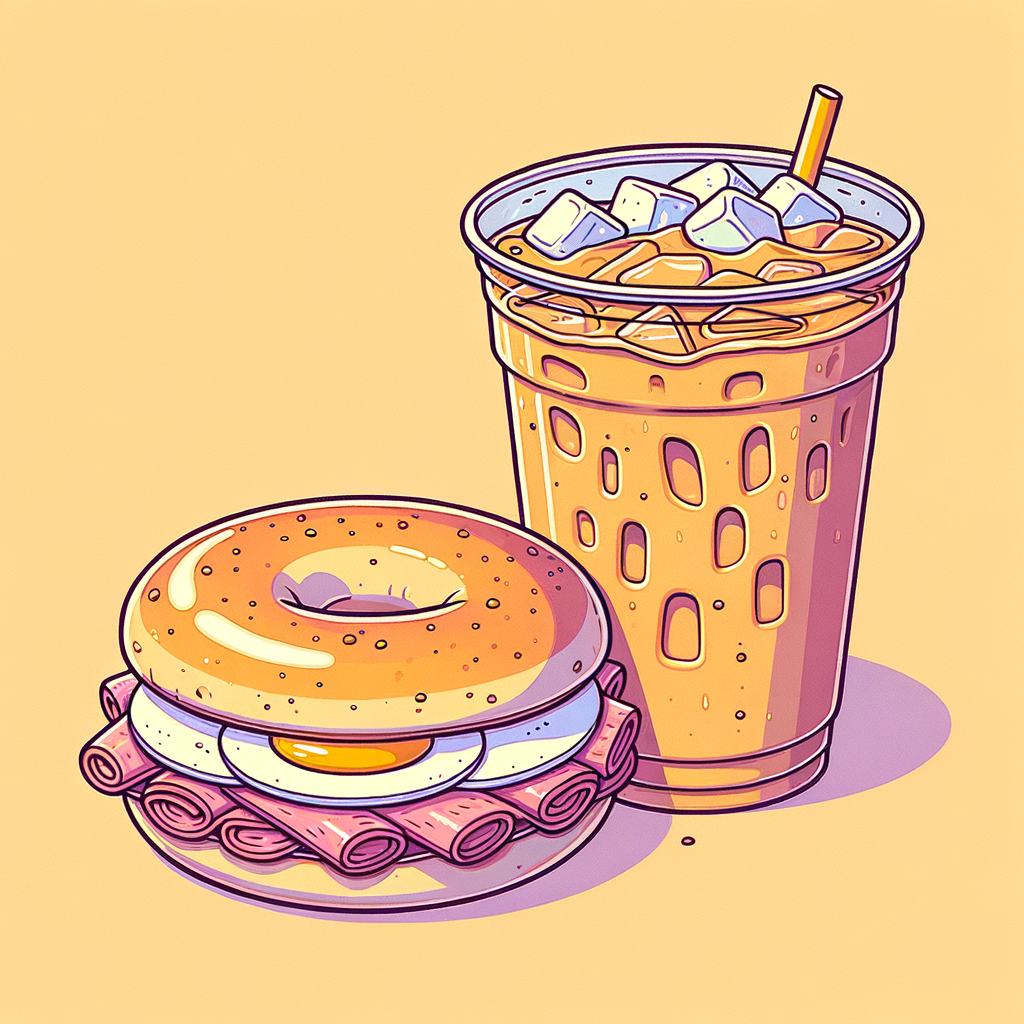 A toasted everything bagel cut in half, filled with a neatly folded yellow egg omelet, thin pink pastrami layers, and white cream cheese, placed next to a tall clear plastic cup of iced coffee showing ice cubes and a creamy light-brown hue.
