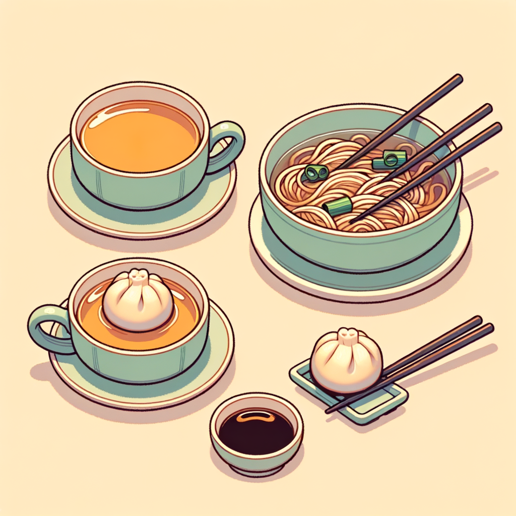 A traditional dim sum arrangement with two small porcelain tea cups on saucers filled with amber tea, a bowl of clear broth noodle soup garnished with scallions, a single pork dumpling held by chopsticks above a small dish of dark dipping sauce.