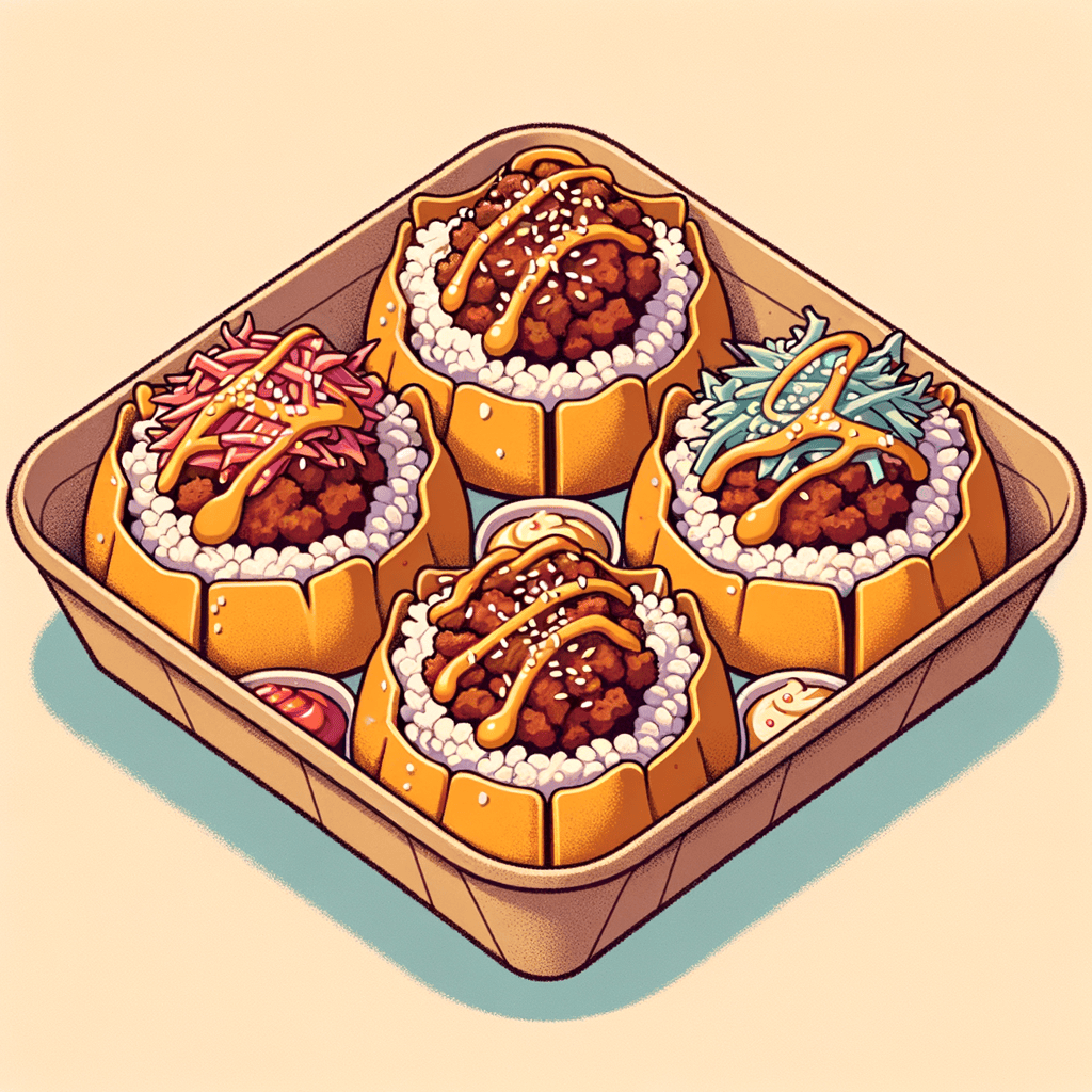 Five deep-fried tofu pouches filled with sushi rice, each topped with minced beef and sesame seeds, shredded slaw drizzled with spicy mayo, and a drizzle of cheese sauce, arranged in a brown paper tray.