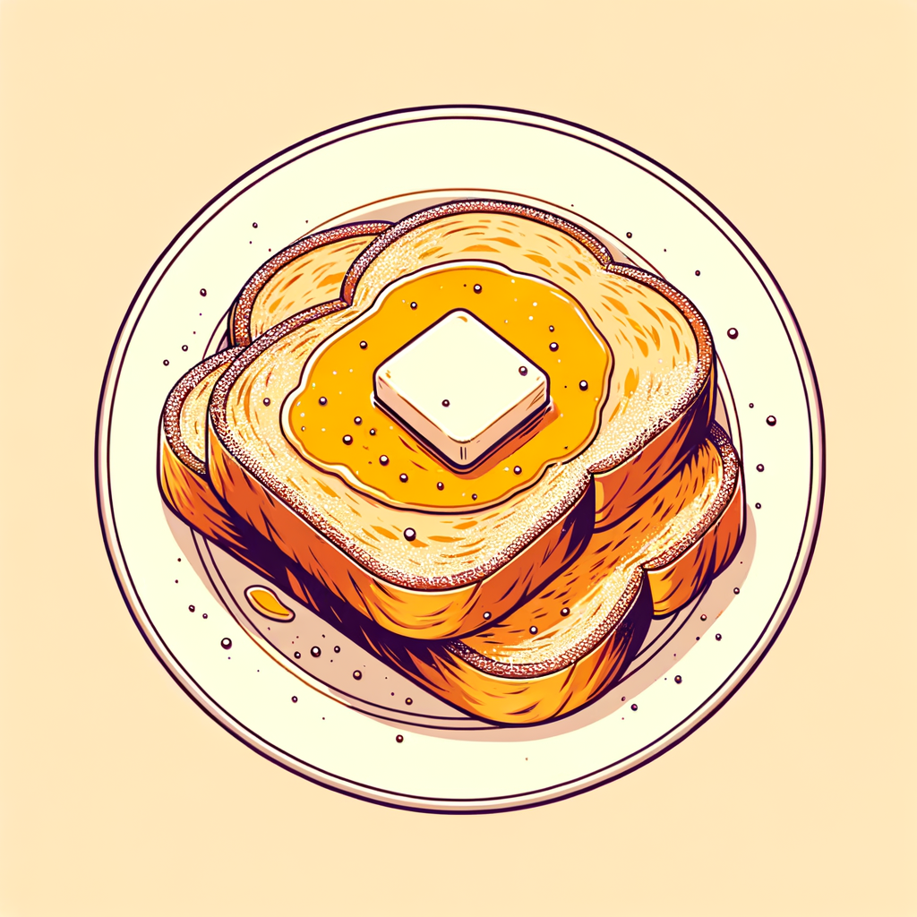 Three overlapping slices of golden French toast on a white plate, with melted butter pooling on top and a dusting of powdered sugar, shown from above against a simple background.