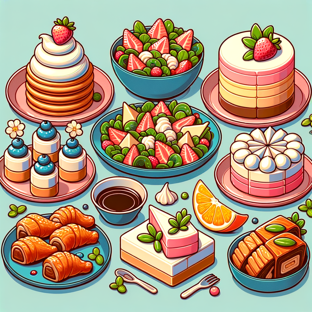 A spread of small elegant appetizers on glass and ceramic dishes including bite-sized canapés with mousse and berries, a green salad piled high with shaved white cheese and sliced strawberries, a bowl of white rice topped with thick pink seared luncheon meat and sliced scallions, a plate of golden crispy fried chicken pieces atop shredded cabbage with a small dipping sauce cup, a blue plate with a perfectly round torched meringue dome surrounded by diced orange segments and white chocolate shavings, and another blue plate with several thick rectangular slices of golden brown buttery cake.