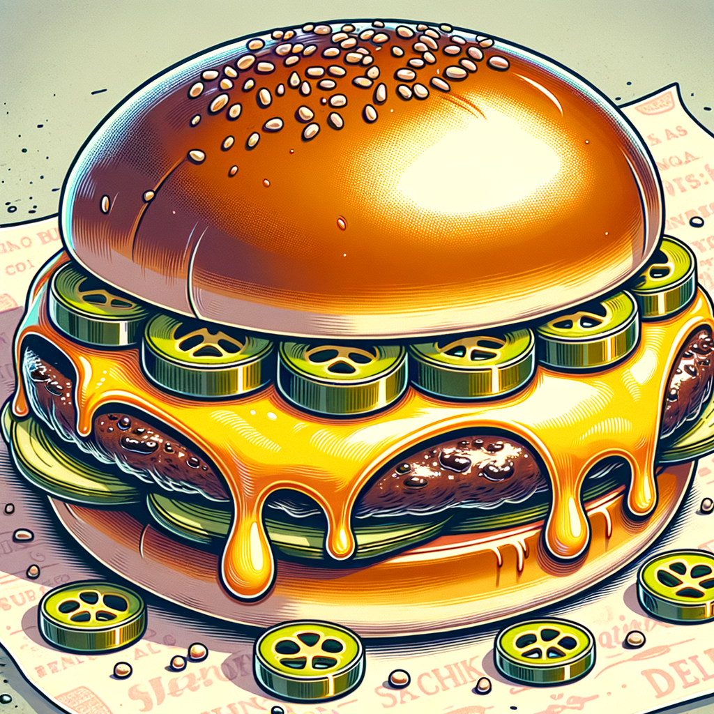 A glossy brioche bun sandwiching a well-seared beef patty topped with melted yellow cheese, sliced pickles and jalapeños, drizzled with creamy sauce, all resting on patterned deli paper.