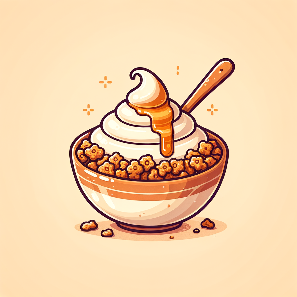 A ceramic bowl filled with smooth white yogurt, piled high with golden-brown granola clusters and lightly drizzled with amber honey.