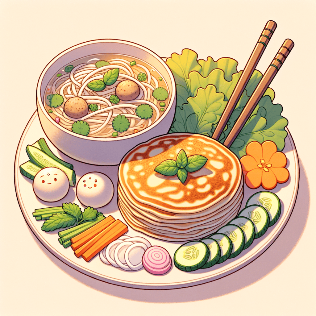 A plate with a golden, folded rice pancake garnished with lettuce, mint, cucumber strips, pickled carrot and daikon, served alongside a bowl of clear broth noodle soup with slices of beef, meatballs, red onion, and cilantro.