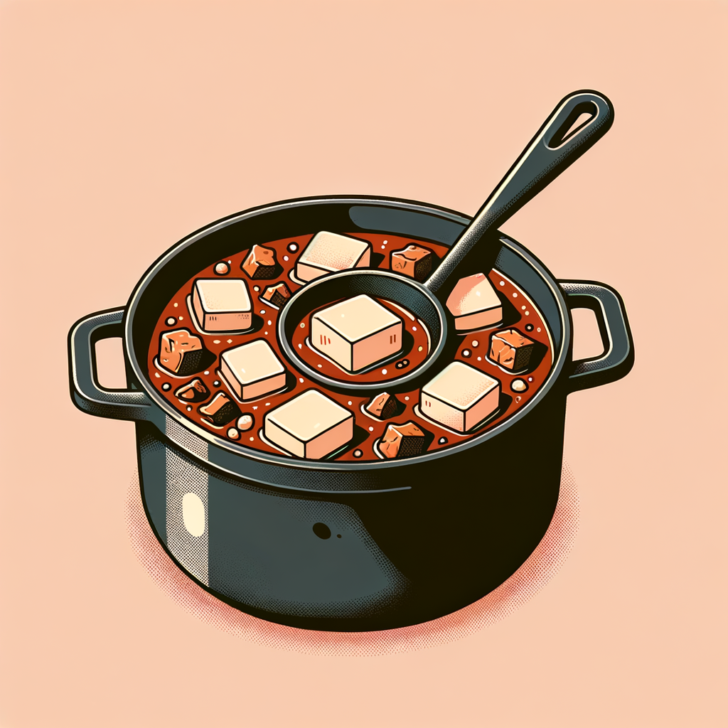 A black cast-iron pot filled with a simmering mixture of ground beef and irregular tofu chunks coated in a glossy reddish-brown sauce, with a large metal ladle resting in the stew.