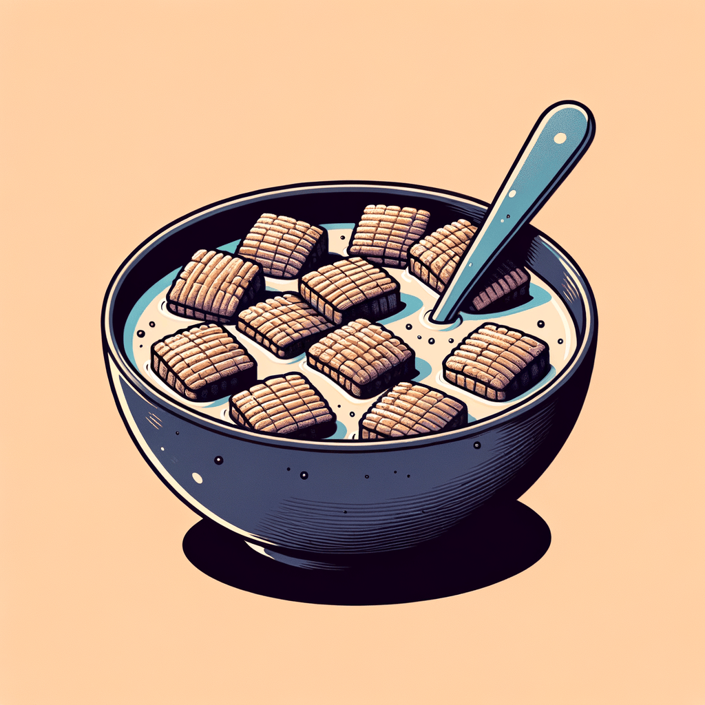 A dark bowl containing ridged square wheat cereal pieces partially submerged in milk with a spoon resting inside the bowl.
