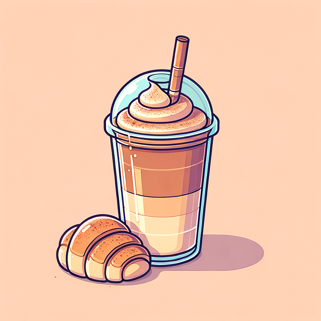 A tall clear plastic cup filled with a layered iced coffee beverage, the bottom half a light brown coffee with milk, topped with a thick layer of whipped froth dusted with cinnamon, with a clear plastic dome lid and a wide straw inserted, next to a golden-brown flaky pastry.