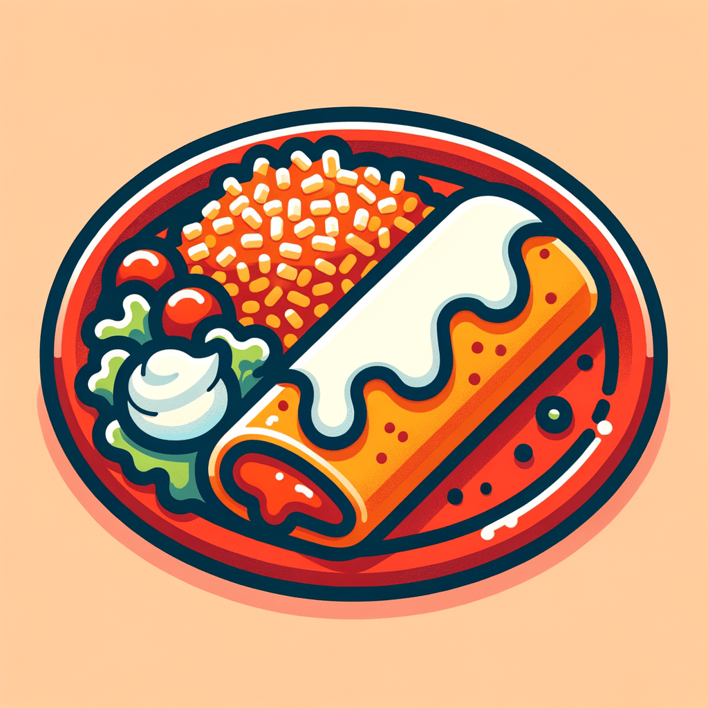 A red oval plate holding a generously sauced cheese enchilada sprinkled with melted white cheese, a mound of orange Mexican rice on one side, and a small lettuce salad topped with a dollop of sour cream.