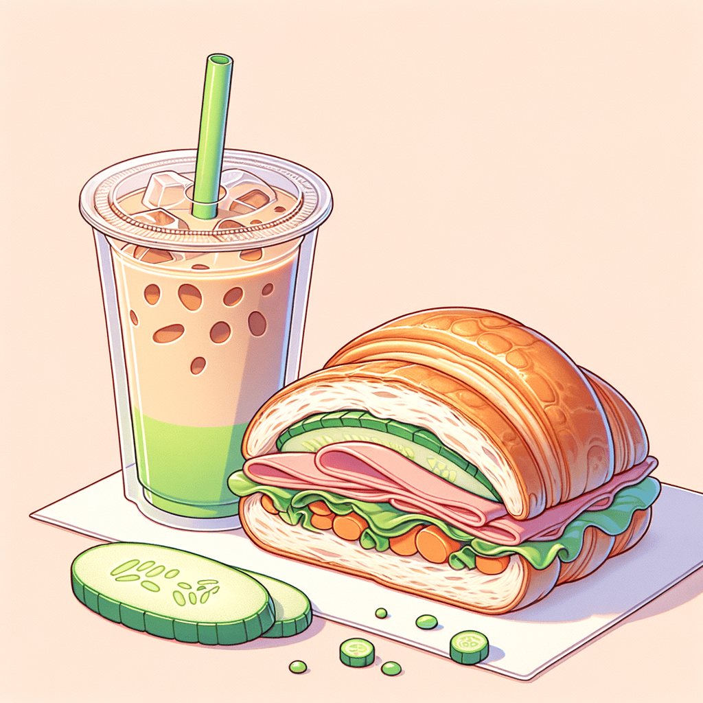 A halved flaky croissant sandwich stuffed with layers of cured meats, green lettuce, julienned carrots and cucumber slices on white paper, next to a translucent pouch of iced milk tea with a bright green straw.