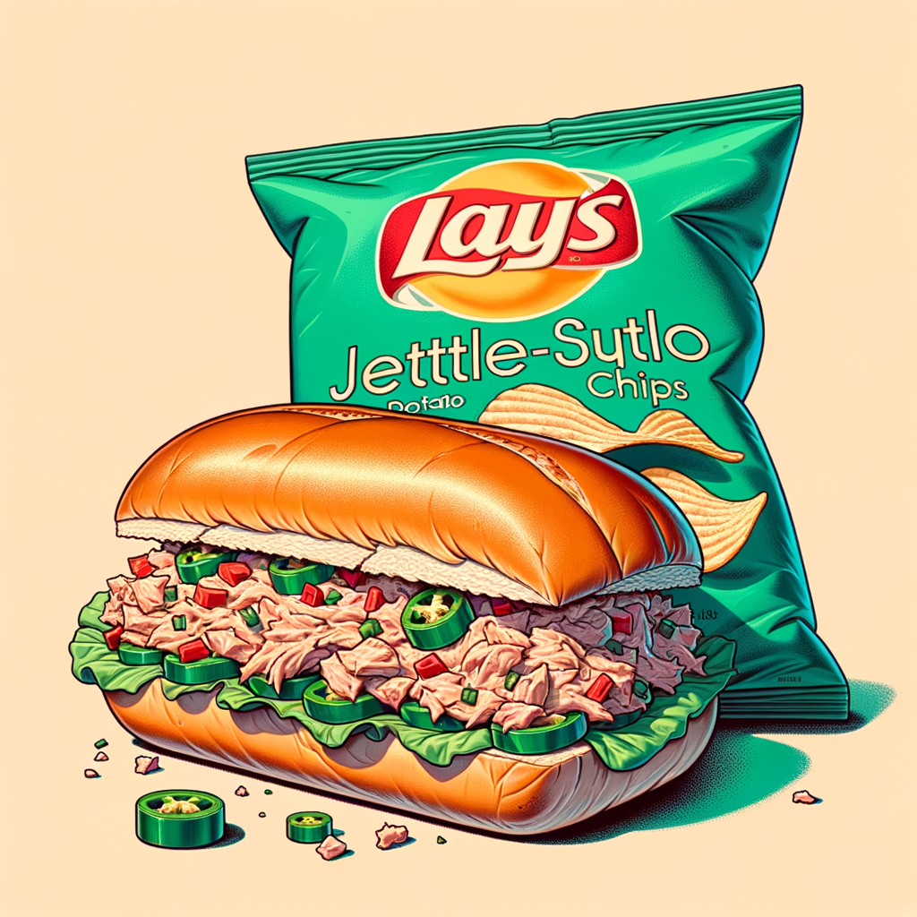 A torn-open soft sandwich bun filled with tuna salad mixed with diced red peppers, placed next to an opened green bag of thick-cut kettle-style jalapeño potato chips with a few chips visible.