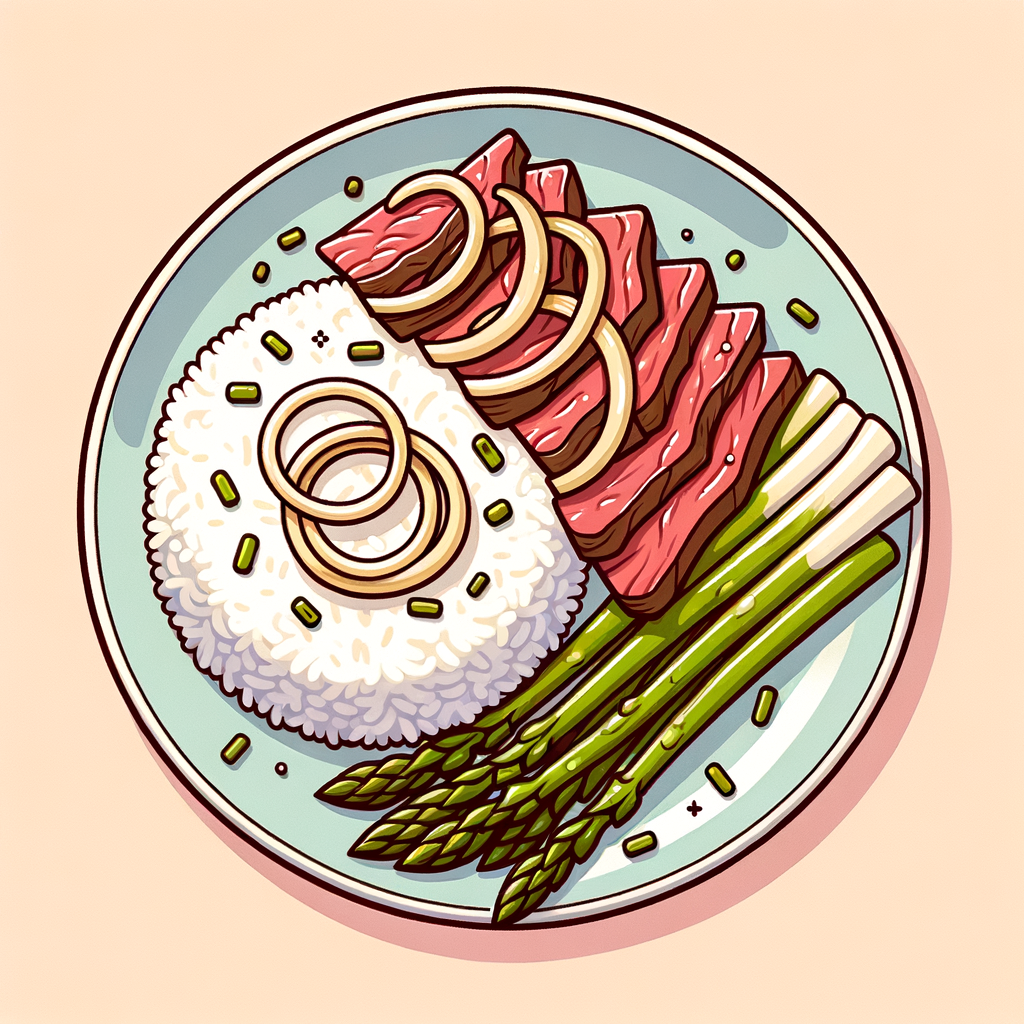 A shallow plate with a portion of steamed white rice topped with thinly sliced beef and caramelized onions, accompanied by neatly arranged green asparagus spears.