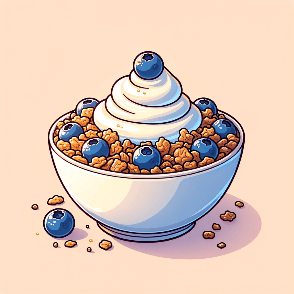A white ceramic bowl filled with creamy white yogurt, layered with golden crunchy granola clusters, scattered deep blue blueberries, and a light honey glaze on top.