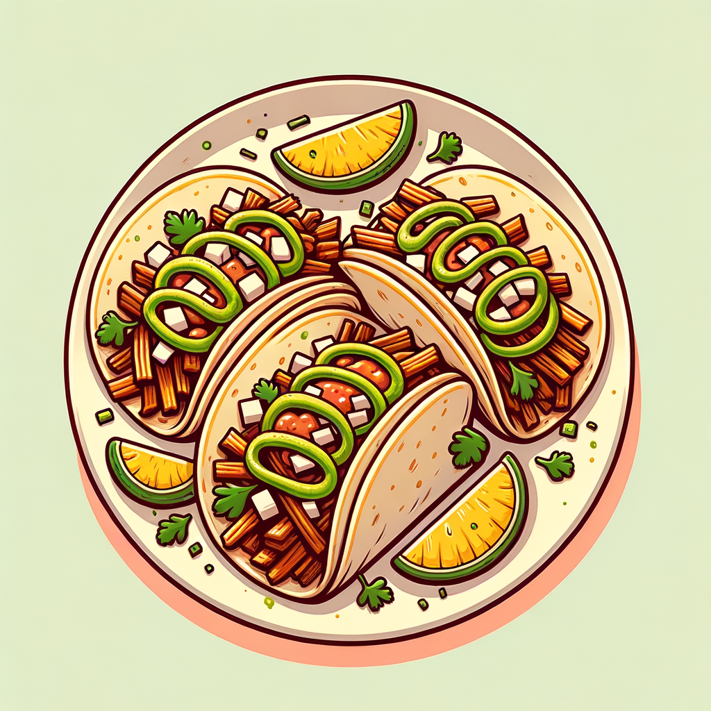 Three al pastor tacos arranged on a white plate, each in a paper wrapper, filled with shredded seasoned pork, diced onion, cilantro sprigs, thin pineapple wedges and drizzled with green avocado salsa and red chili salsa, viewed from above.
