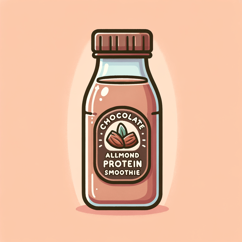 A clear plastic bottle labeled 'Chocolate Almond Protein Smoothie' showing light brown smoothie inside, held upright with the label facing forward and no other elements.