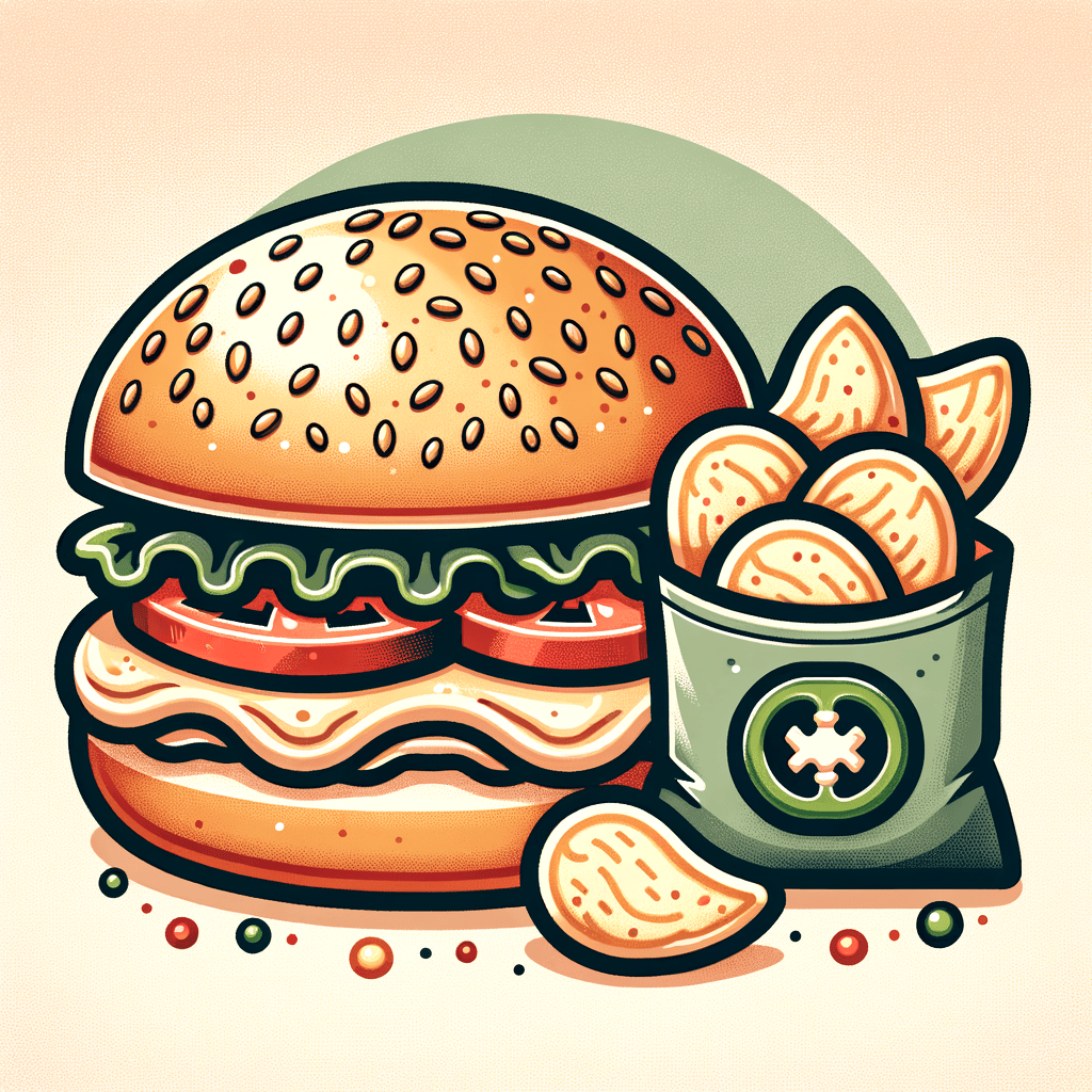 A cross-section of a sesame-seed bun sandwich showing shredded lettuce, tomato slice, and a creamy ground meat filling next to a small open bag of jalapeño kettle-cooked potato chips.