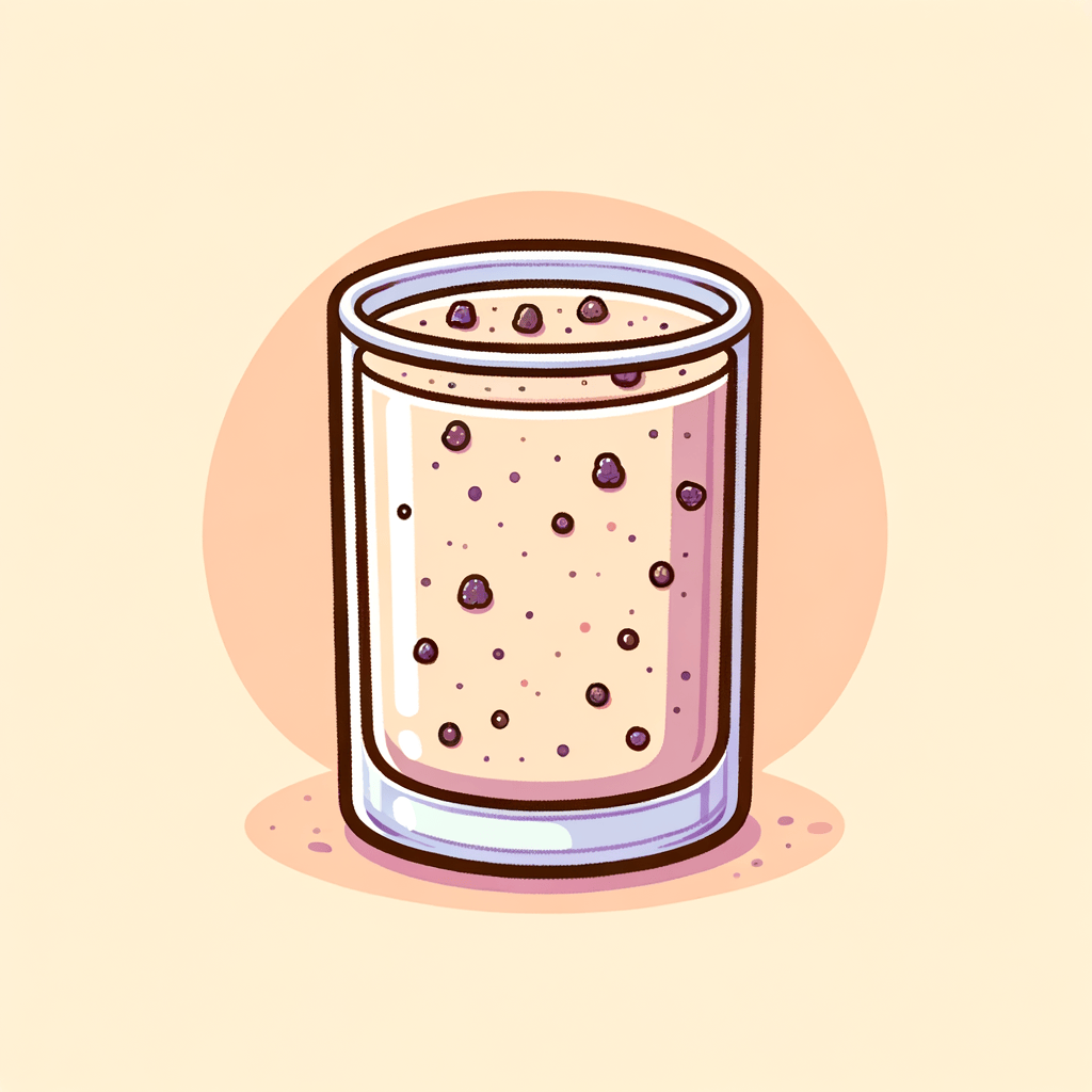 A short clear glass filled with a thick, pale beige smoothie flecked with tiny dark berry bits, with a smooth creamy surface.