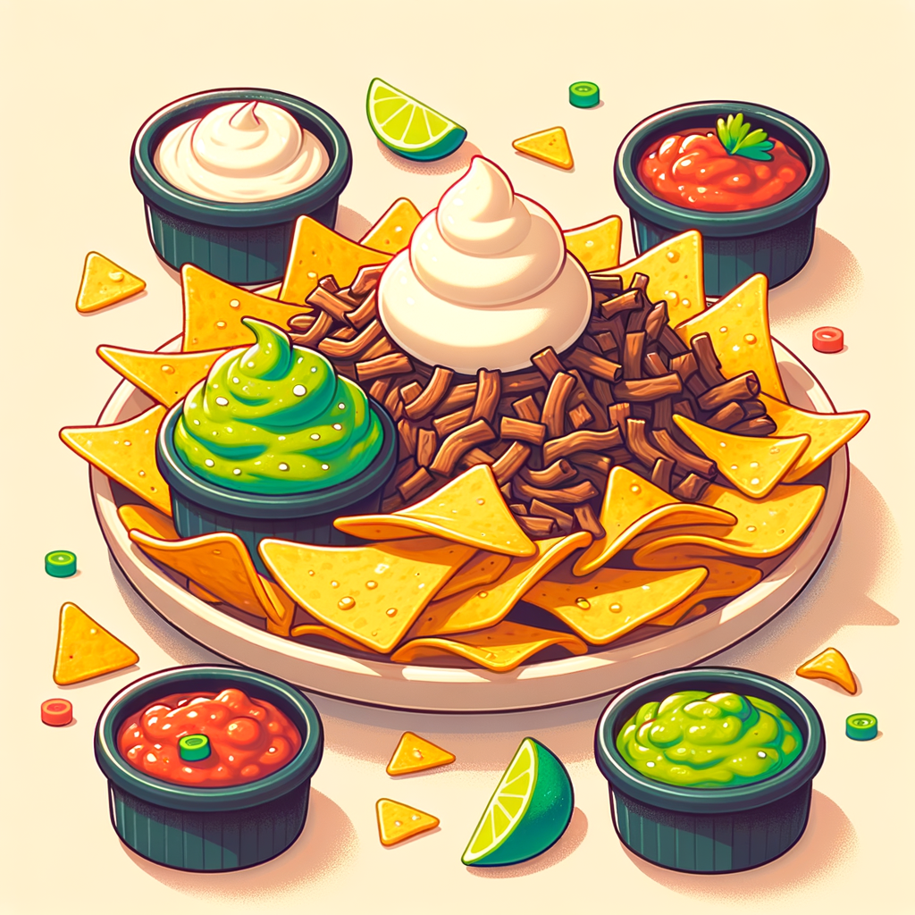 A white ceramic plate piled with golden tortilla chips topped with shredded braised beef, melted white cheese, a generous scoop of bright green guacamole, and a dollop of creamy white sour cream, alongside small black ramekins of various salsas.