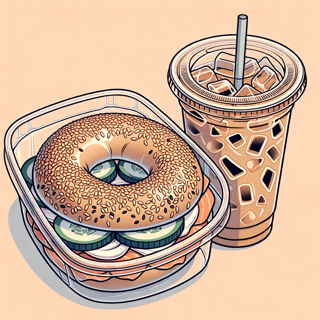 A plastic container holding a sesame seed bagel cut in half and topped with cream cheese, overlapping cucumber ribbons and smoked salmon slices sprinkled with black sesame, alongside a clear cup filled with iced coffee and visible ice cubes.