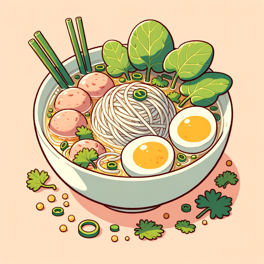 A white bowl containing clear broth and a nest of translucent glass noodles, dotted with pinkish pork meatballs, yellow egg ribbons, scattered green spinach leaves, sliced scallions, and cilantro sprigs.