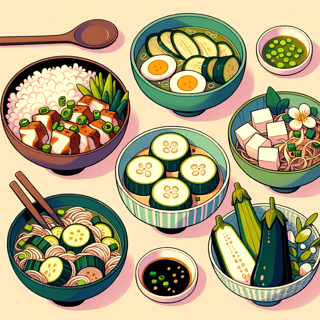 Two bowls of chicken and egg over steamed rice topped with scallions, a small bowl of miso soup with zucchini and cabbage, a small dish of silken tofu garnished with sliced okra and ginger, and a separate plate of stir-fried eggplant slices in a dark savory sauce garnished with fresh herbs.