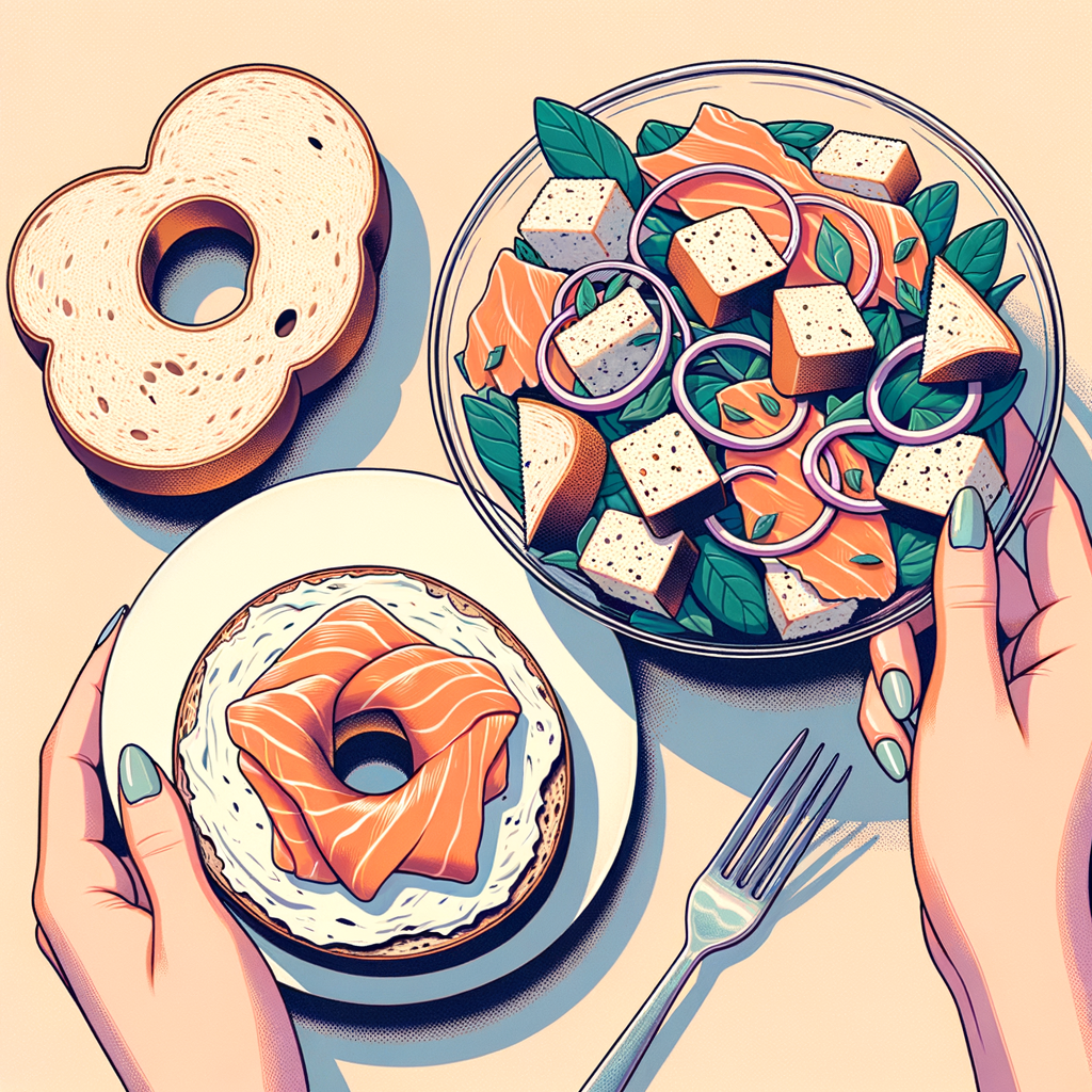 A halved bagel on a plate, each half generously coated with white cream cheese and layered with flaky pink smoked salmon; next to it, a clear glass bowl filled with a chunky bread salad featuring irregular bread pieces, thin red onion slices, chopped leafy greens, and herbs lightly dressed.